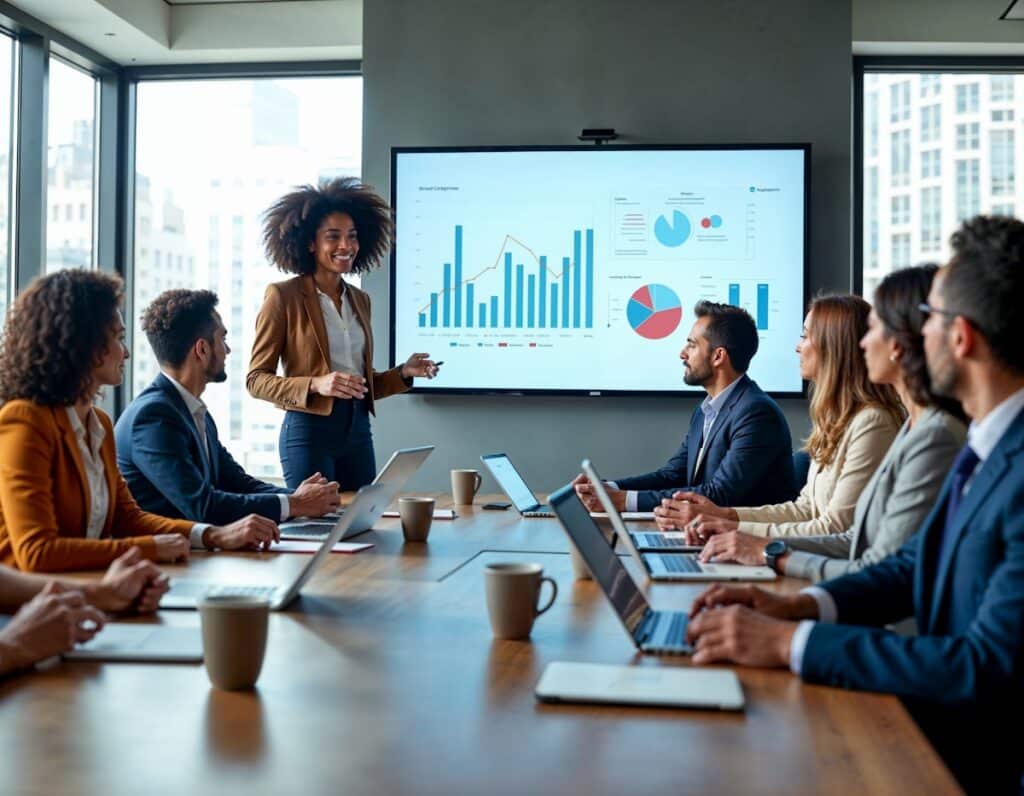 Una mujer, está de pie haciendo una presentación de un cuadro de mando con gráficos y datos en una gran pantalla.