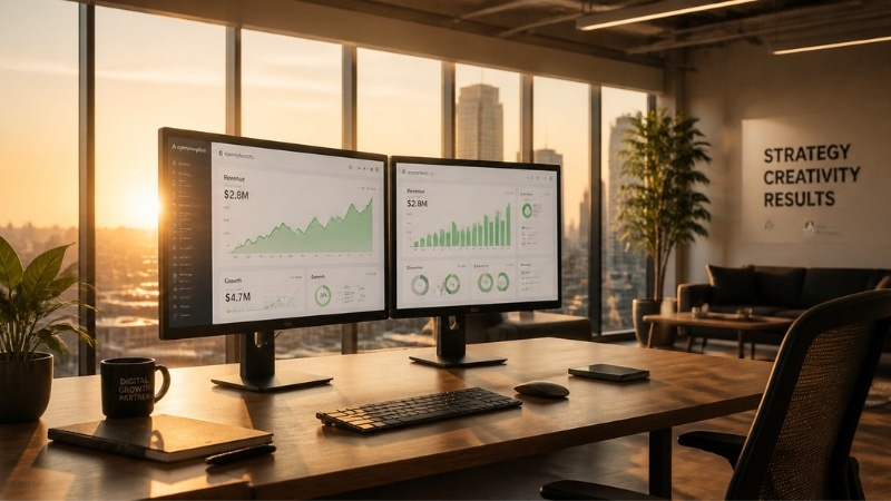 Análisis de resultados de marketing en una oficina al atardecer
